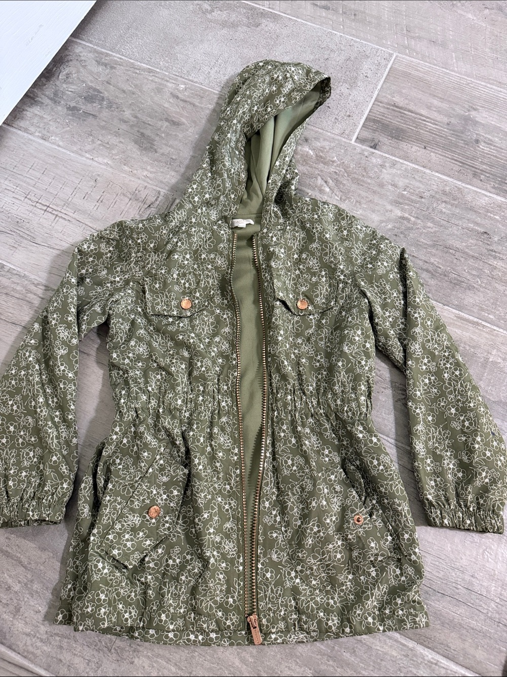 Tahari Olive Green Floral Hooded Anorak Jacket